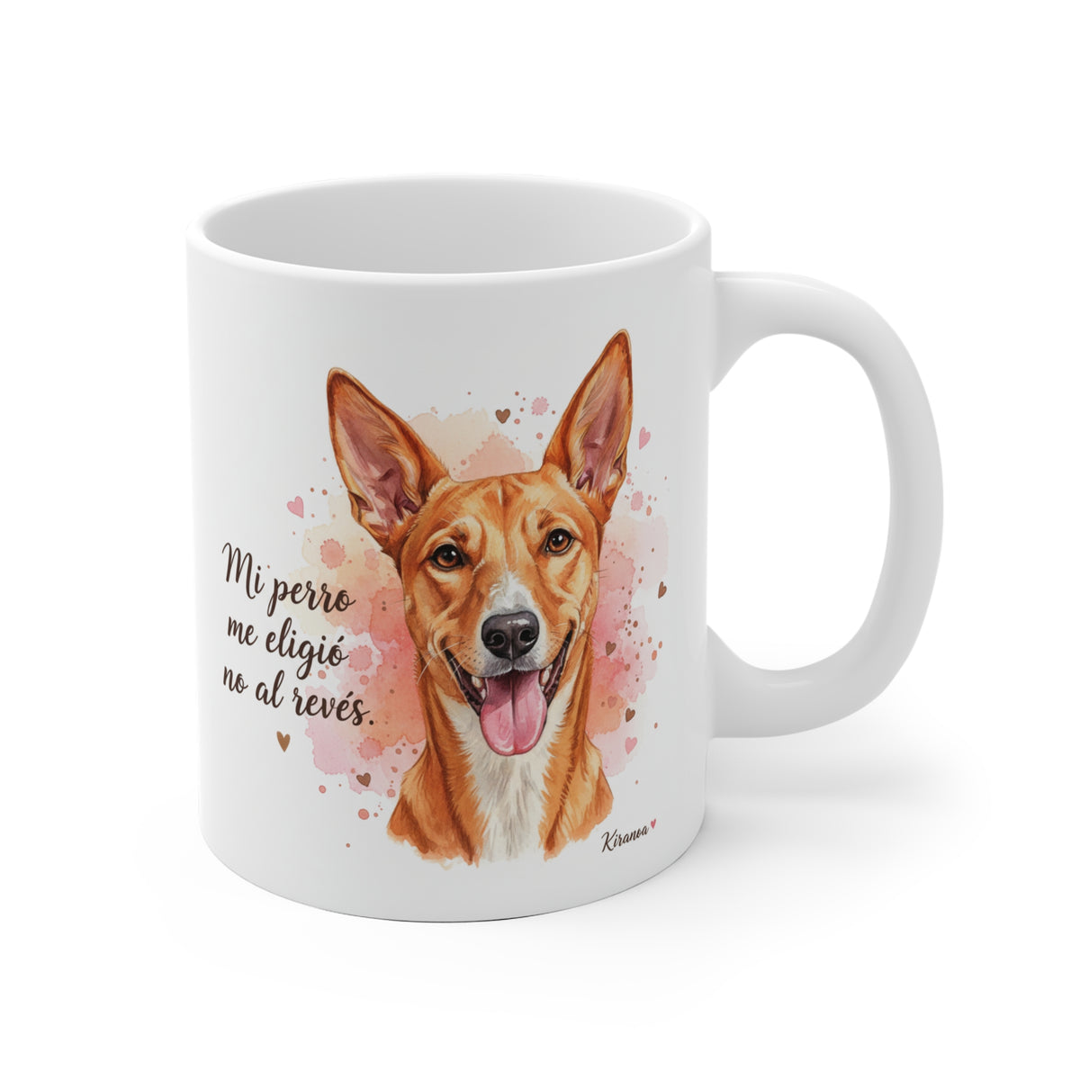 Taza cerámica Podenco Andaluz con frase Mi perro me eligió no al revés – vista frontal
