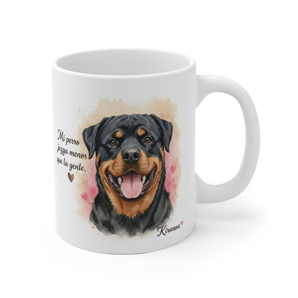 Taza cerámica Rottweiler con frase Mi perro juzga menos que la gente. – vista frontal