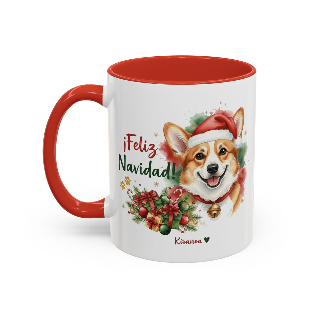 Taza Navideña Corgi con interior y asa roja vista trasera Kiranoa
