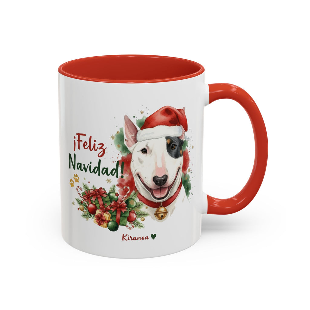 Taza Navideña Bull Terrier Miniatura con frase ¡Feliz Navidad! vista frontal Kiranoa