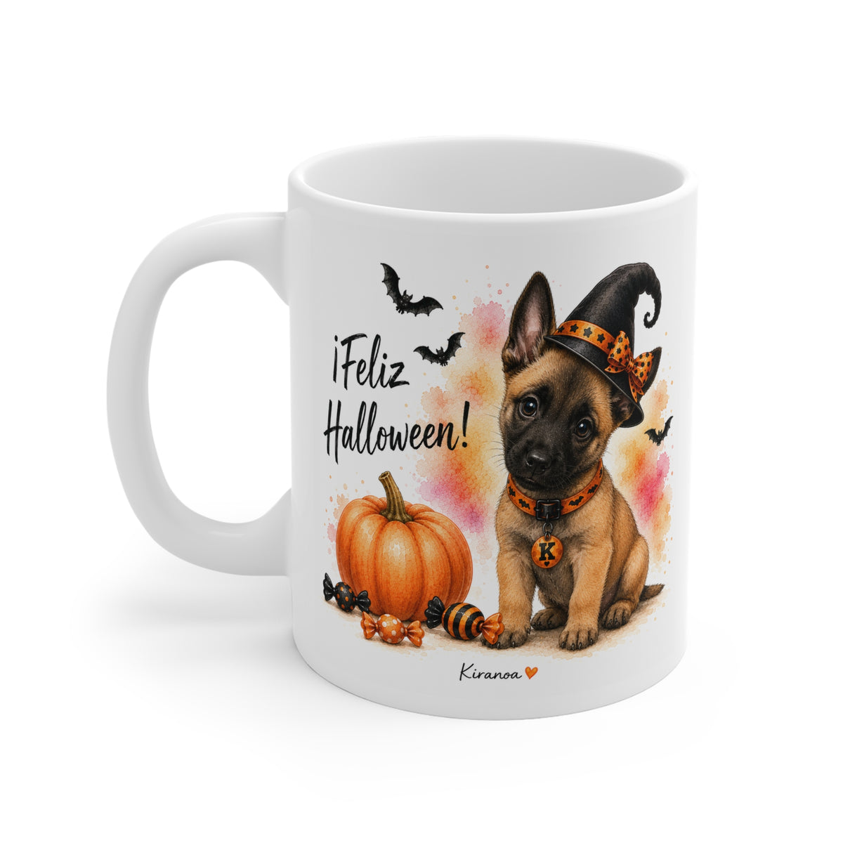 Taza cerámica Pastor Belga Malinois Halloween con diseño impreso en ambas caras vista trasera Kiranoa