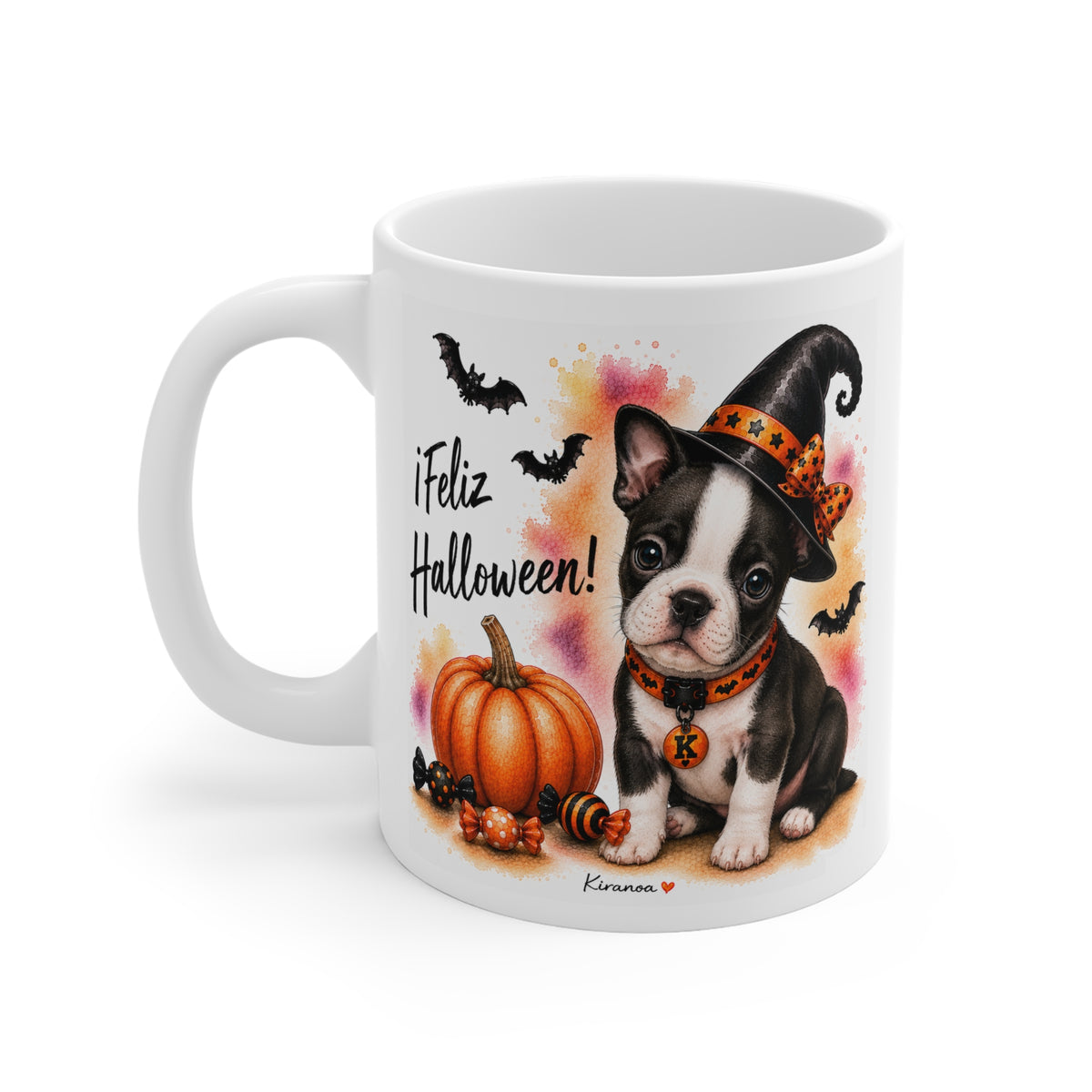Taza cerámica Boston Terrier Halloween con diseño impreso en ambas caras vista trasera Kiranoa