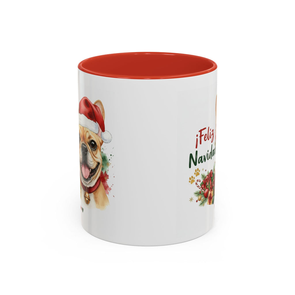 Taza Navideña Bulldog Francés Fawn con diseño navideño impreso vista lateral Kiranoa
