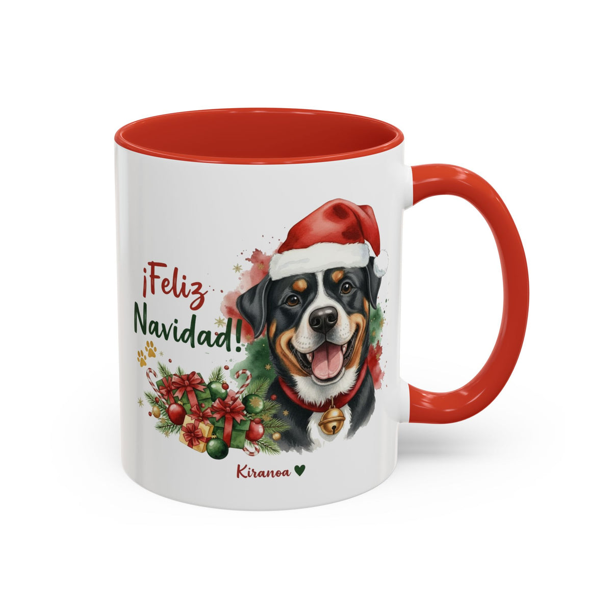 Taza Navideña Gran Boyero Suizo con frase ¡Feliz Navidad! vista frontal Kiranoa