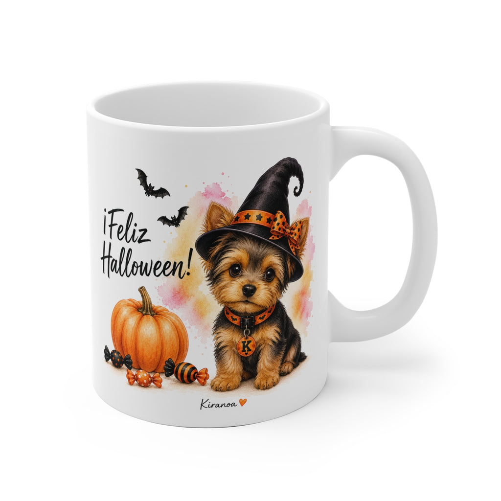 Taza cerámica Yorkshire Terrier Halloween con ilustración terrorífica vista frontal Kiranoa