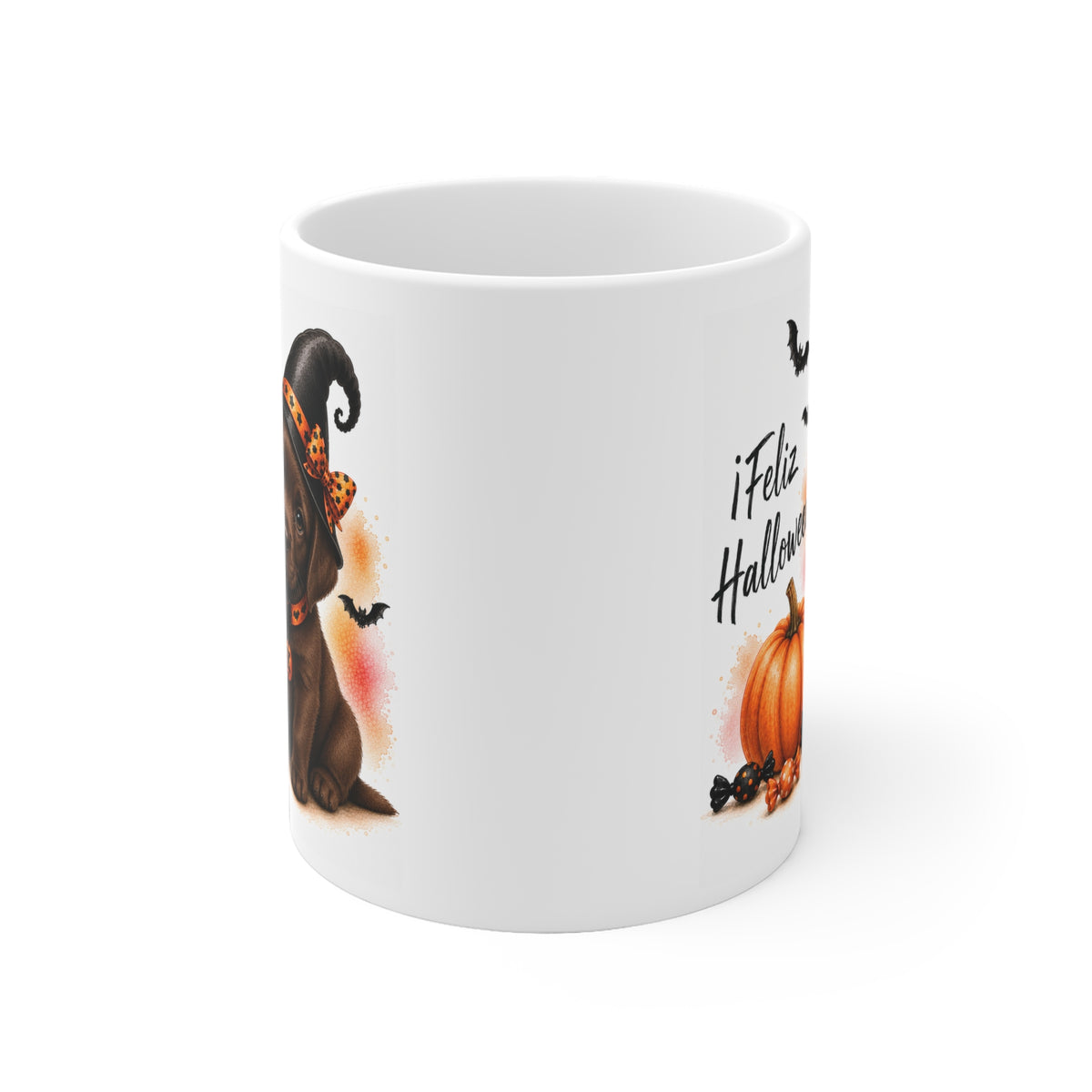 Taza cerámica Labrador Chocolate 325 ml edición Halloween vista lateral Kiranoa