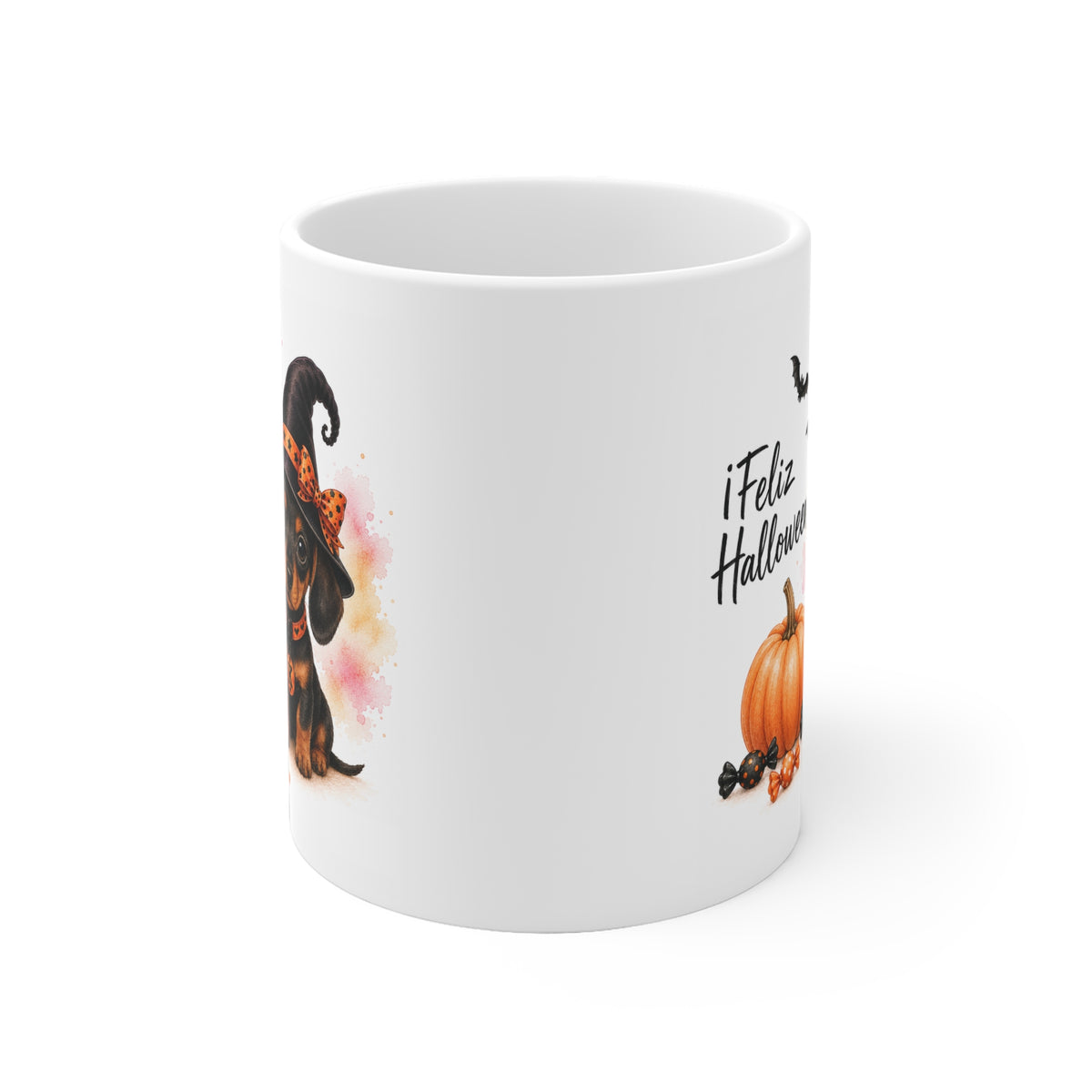 Taza cerámica Dachshund 325 ml edición Halloween vista lateral Kiranoa