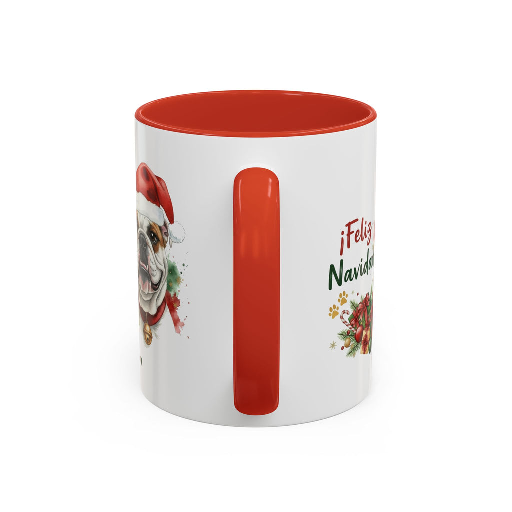 Taza Navideña Bulldog Inglés de 325 ml con interior y asa en rojo navideño vista lateral Kiranoa