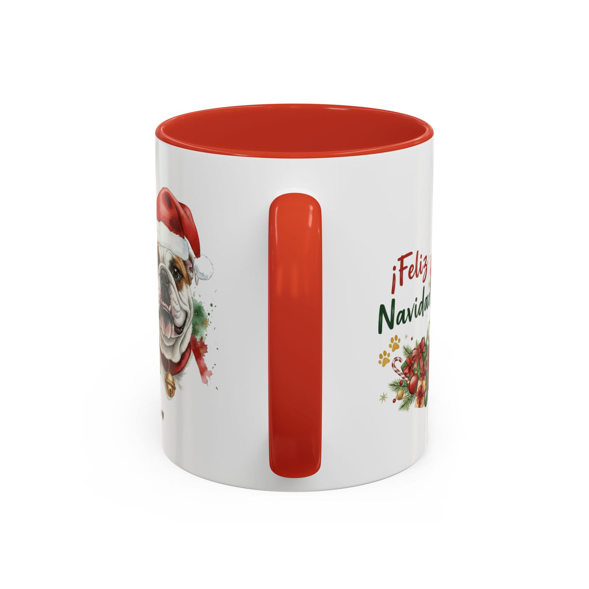 Taza Navideña Bulldog Inglés de 325 ml con interior y asa en rojo navideño vista lateral Kiranoa