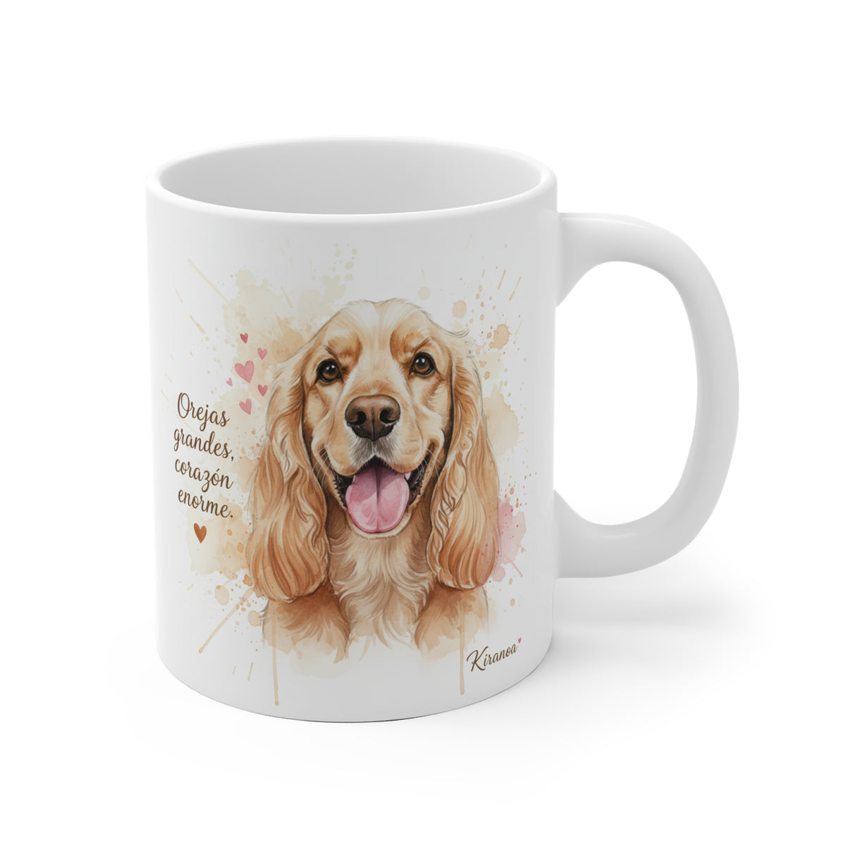 Taza cerámica Cocker Spaniel con frase Orejas grandes corazón enorme – vista frontal