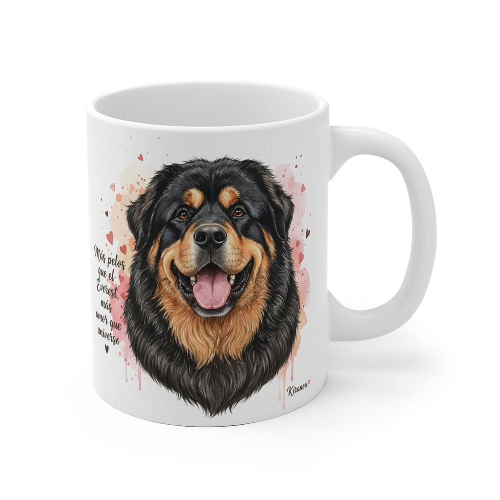 Taza cerámica Mastín Tibetano con frase Más pelos que el Everest más amor que universo – vista frontal