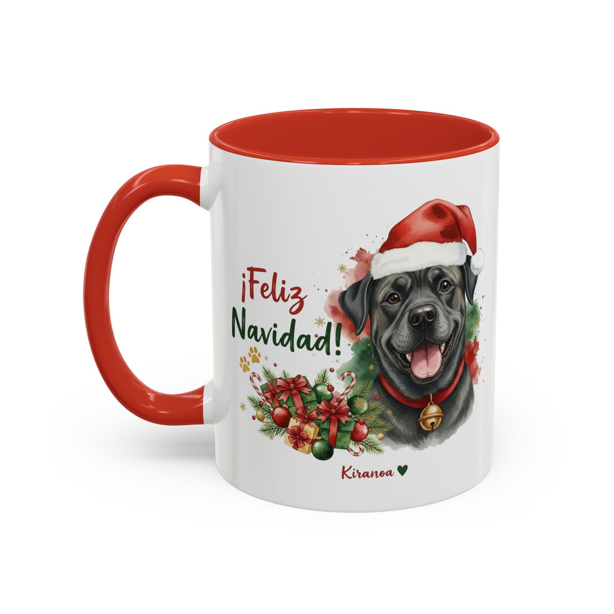 Taza Navideña Cane Corso con interior y asa roja vista trasera Kiranoa