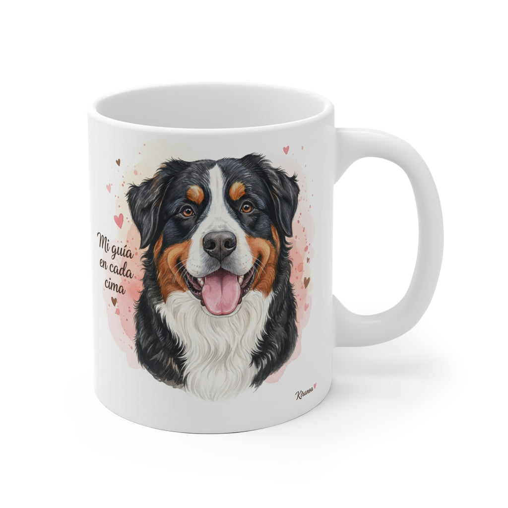 Taza cerámica Boyero de Berna con frase Mi guía en cada cima – vista frontal