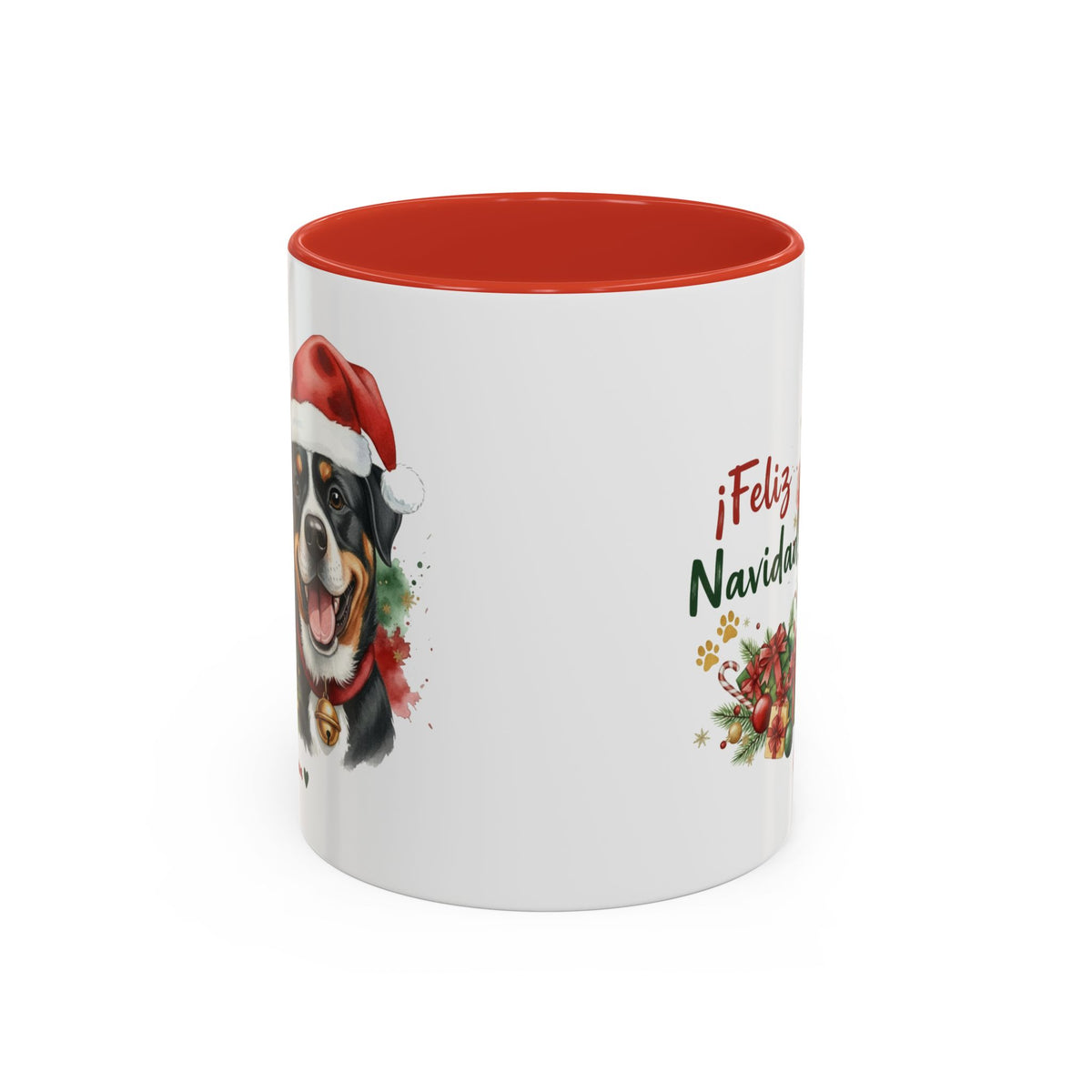 Taza Navideña Gran Boyero Suizo con diseño navideño impreso vista lateral Kiranoa