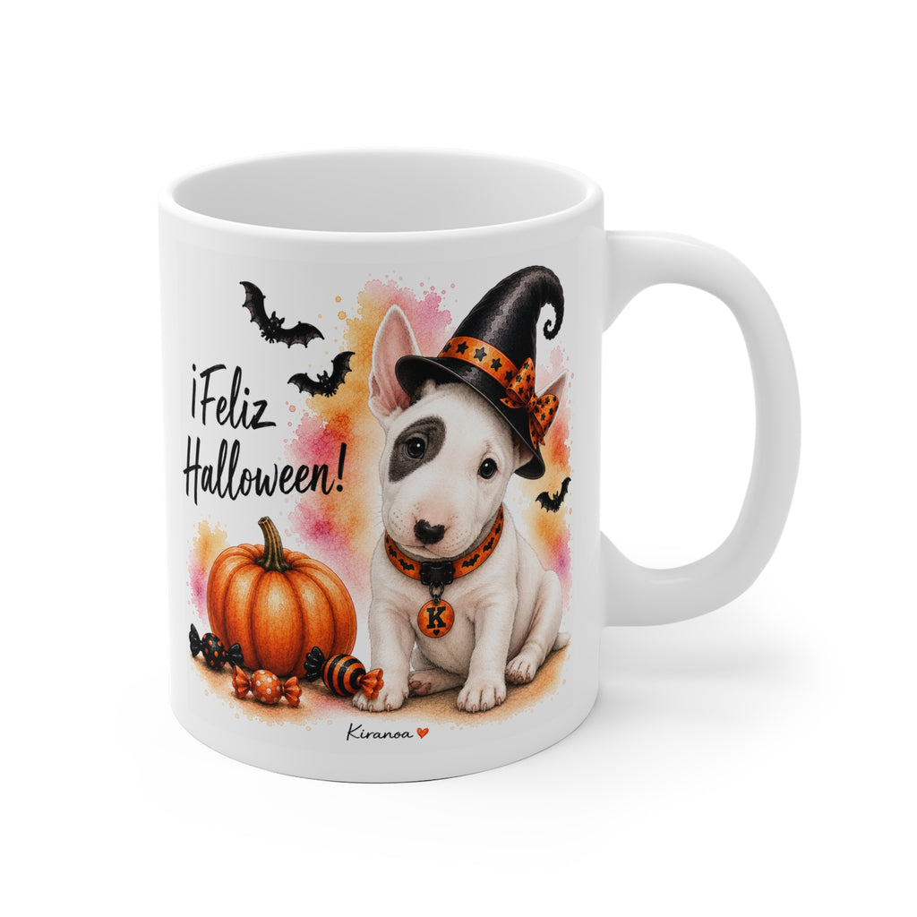 Taza cerámica Bull Terrier Halloween con ilustración terrorífica vista frontal Kiranoa