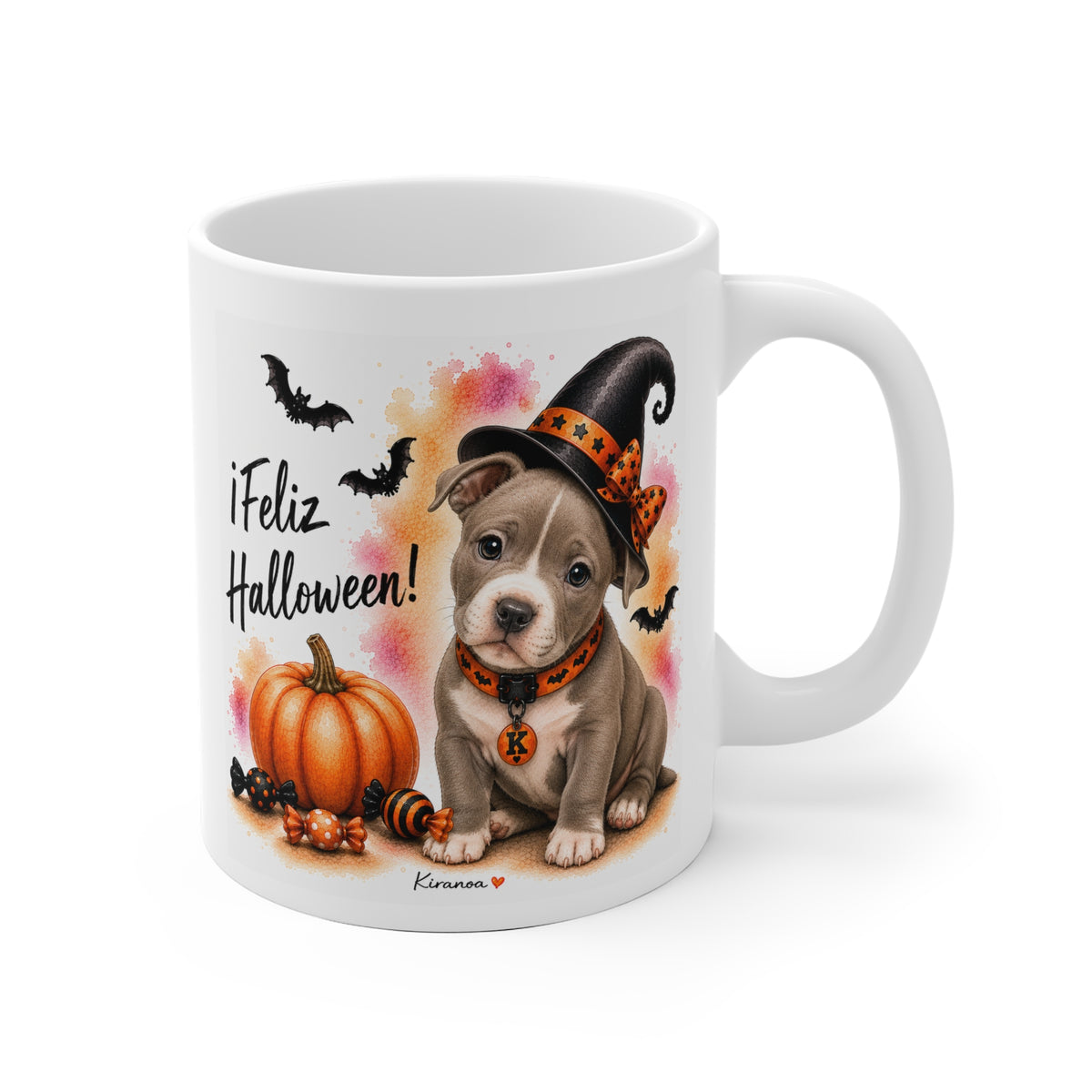 Taza cerámica American Pit Bull Terrier Halloween con ilustración terrorífica vista frontal Kiranoa