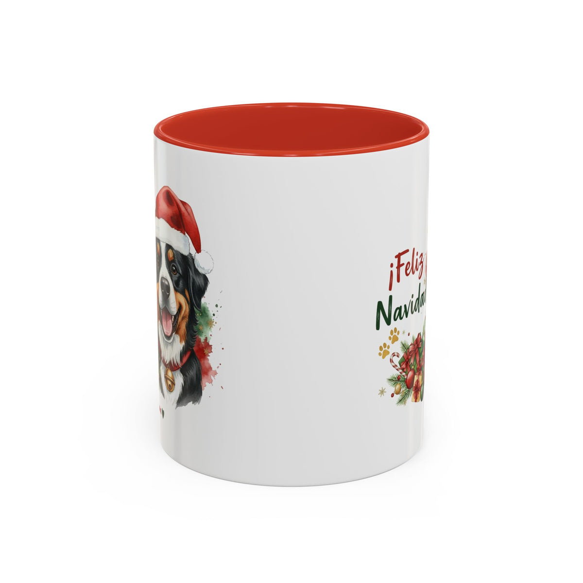 Taza Navideña Boyero de Berna con diseño navideño impreso vista lateral Kiranoa