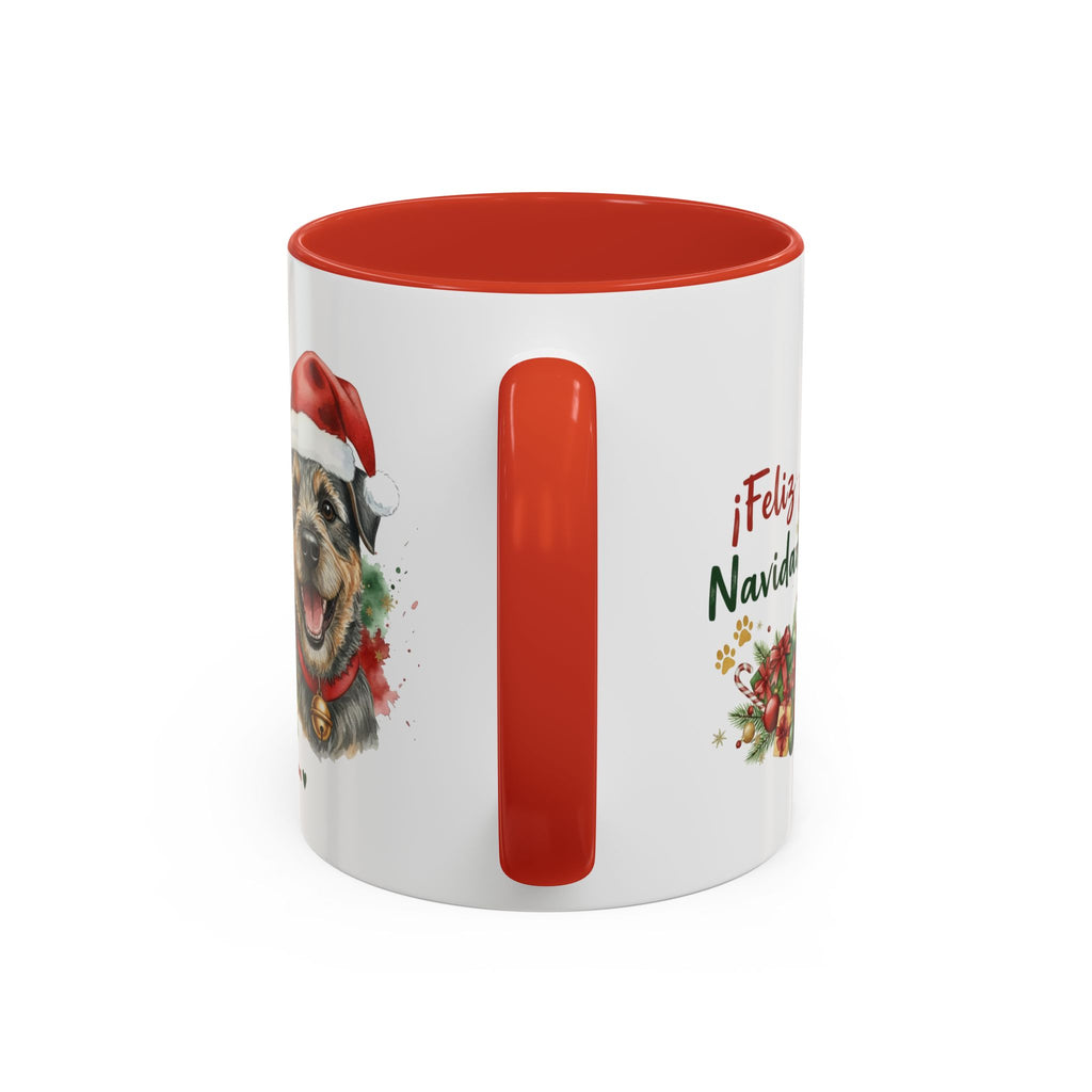 Taza Navideña Border Terrier de 325 ml con interior y asa en rojo navideño vista lateral Kiranoa