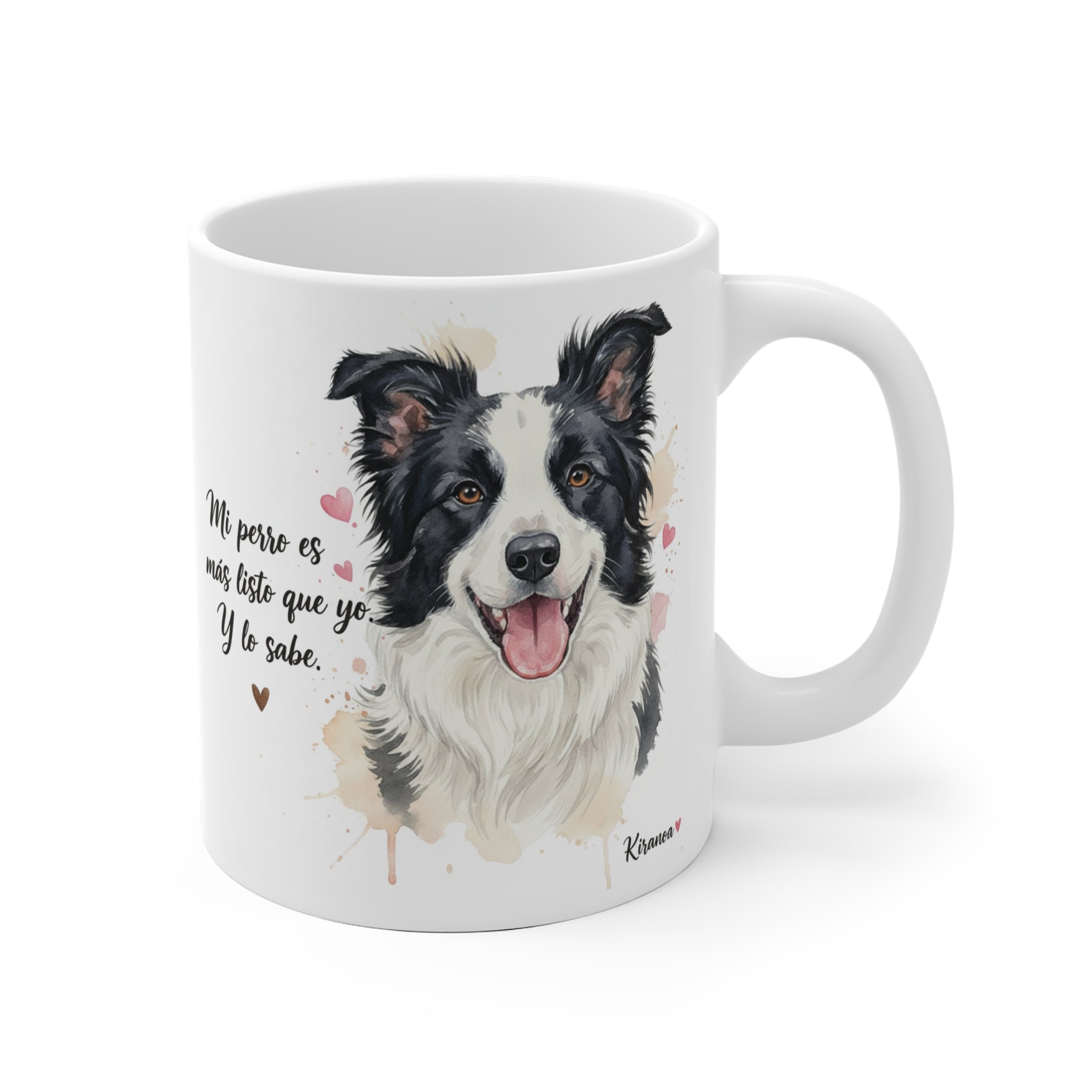 Taza Border Collie con la frase Mi perro es más listo que yo y lo sabe — ilustración acuarela — Kiranoa