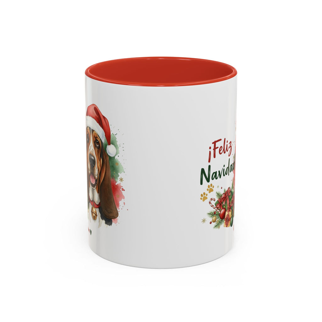 Taza Navideña Basset Hound con diseño navideño impreso vista lateral Kiranoa