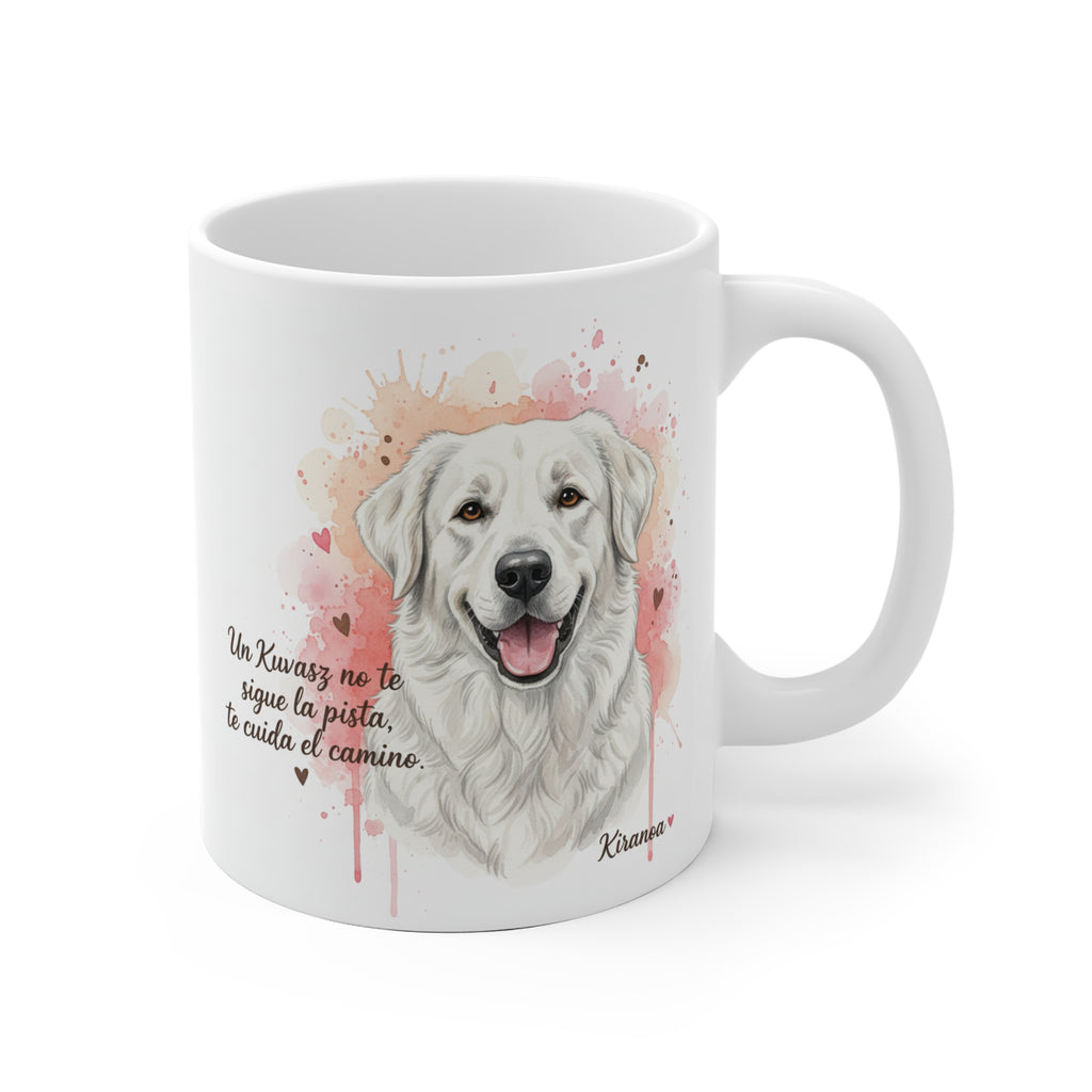 Taza cerámica Kuvasz con frase Un Kuvasz no te sigue la pista te cuida el camino – vista frontal