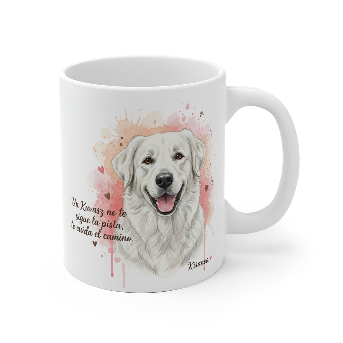 Taza cerámica Kuvasz con frase Un Kuvasz no te sigue la pista te cuida el camino – vista frontal