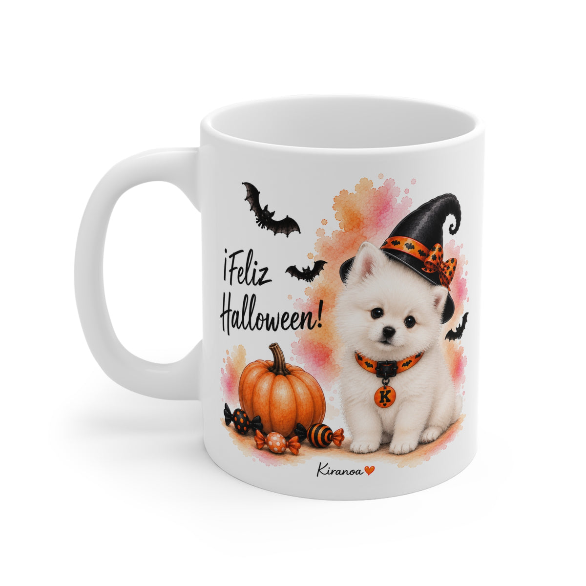 Taza cerámica Pomerania Blanco Halloween con diseño impreso en ambas caras – vista trasera