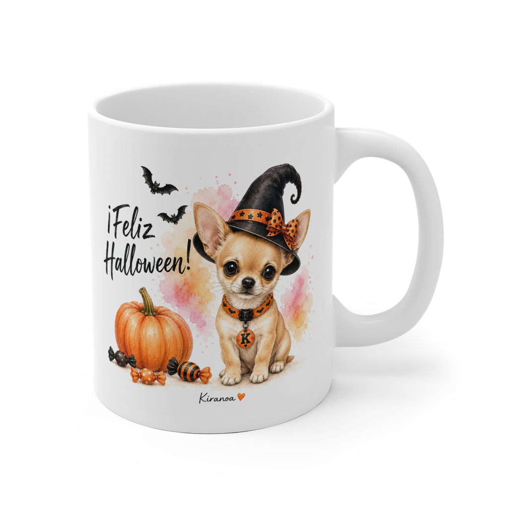 Taza cerámica Chihuahua Halloween con ilustración terrorífica vista frontal Kiranoa