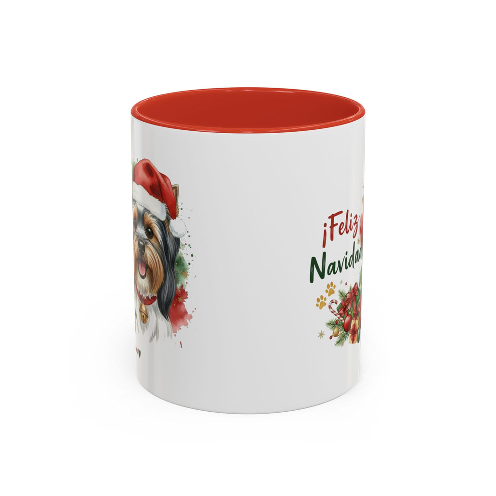 Taza Navideña Biewer Terrier con diseño navideño impreso vista lateral Kiranoa