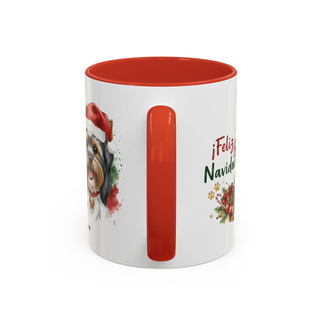 Taza Navideña Biewer Terrier de 325 ml con interior y asa en rojo navideño vista lateral Kiranoa