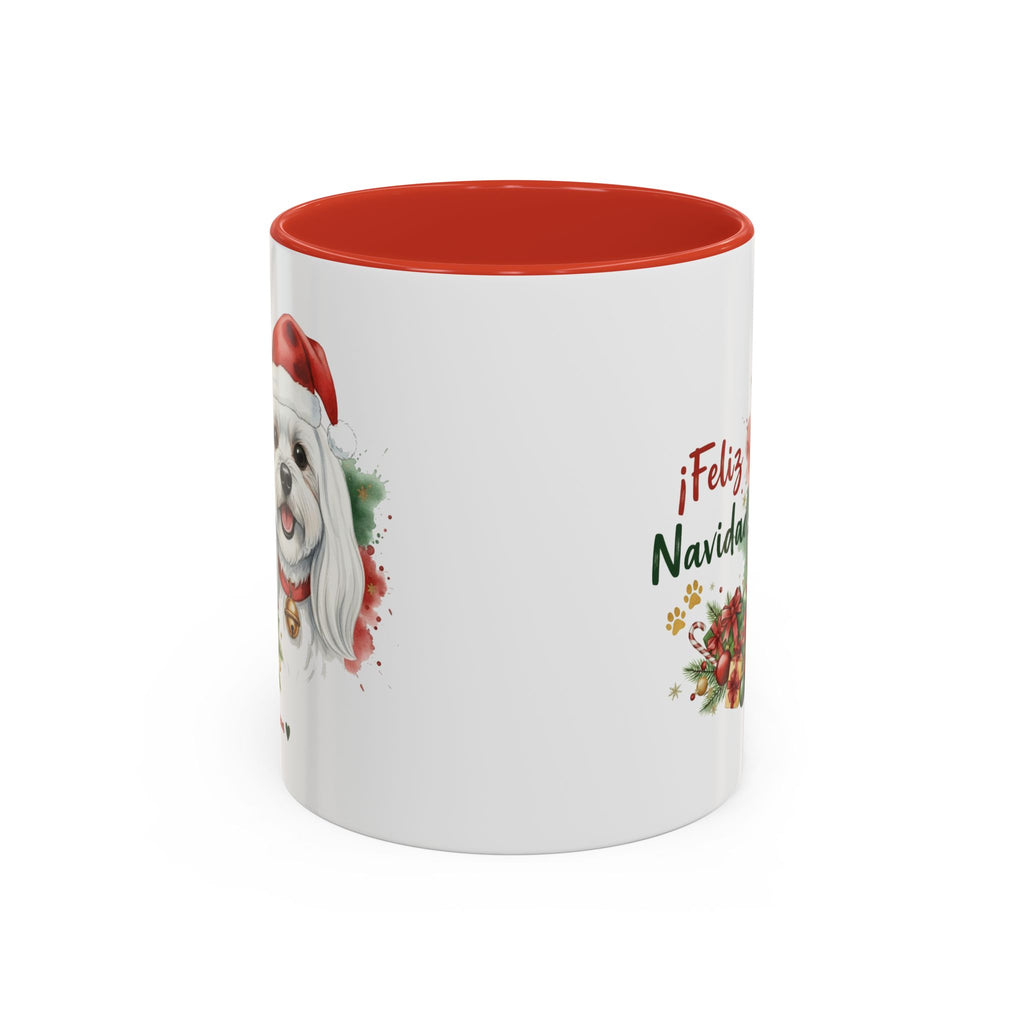 Taza Navideña Bichón Maltés con diseño navideño impreso vista lateral Kiranoa