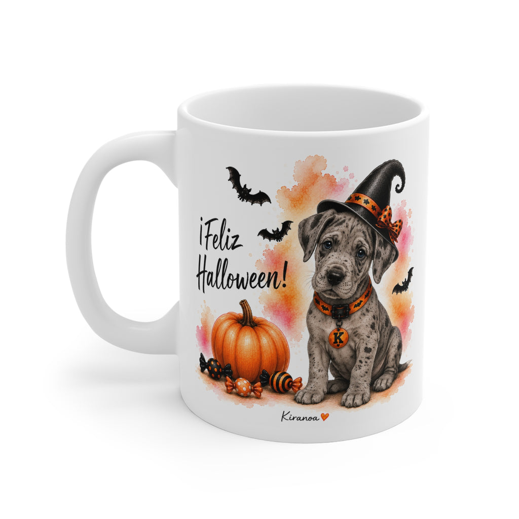 Taza cerámica Gran Danés Arlequín Halloween con diseño impreso en ambas caras – vista trasera