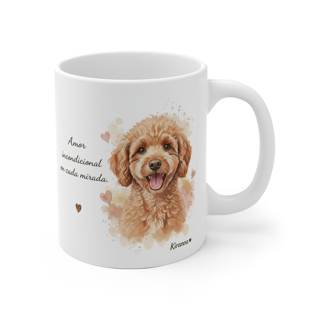 Taza cerámica Caniche con frase Amor incondicional en cada mirada. – vista frontal