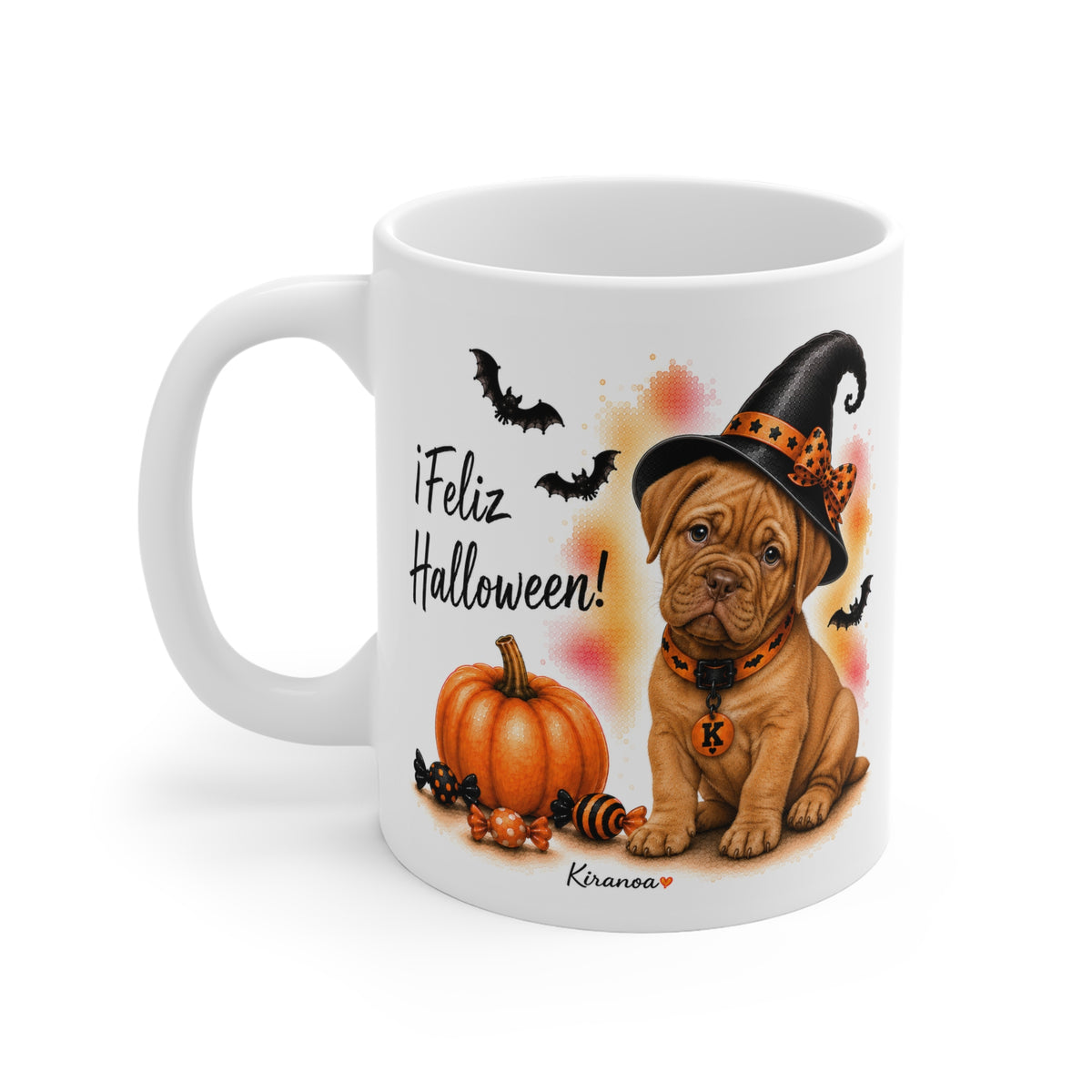Taza cerámica Dogo de Burdeos Halloween con diseño impreso en ambas caras vista trasera Kiranoa