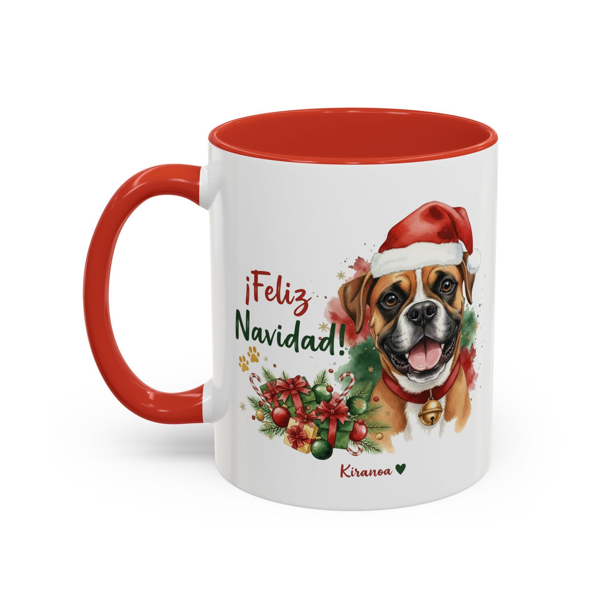 Taza Navideña Boxer con interior y asa roja vista trasera Kiranoa