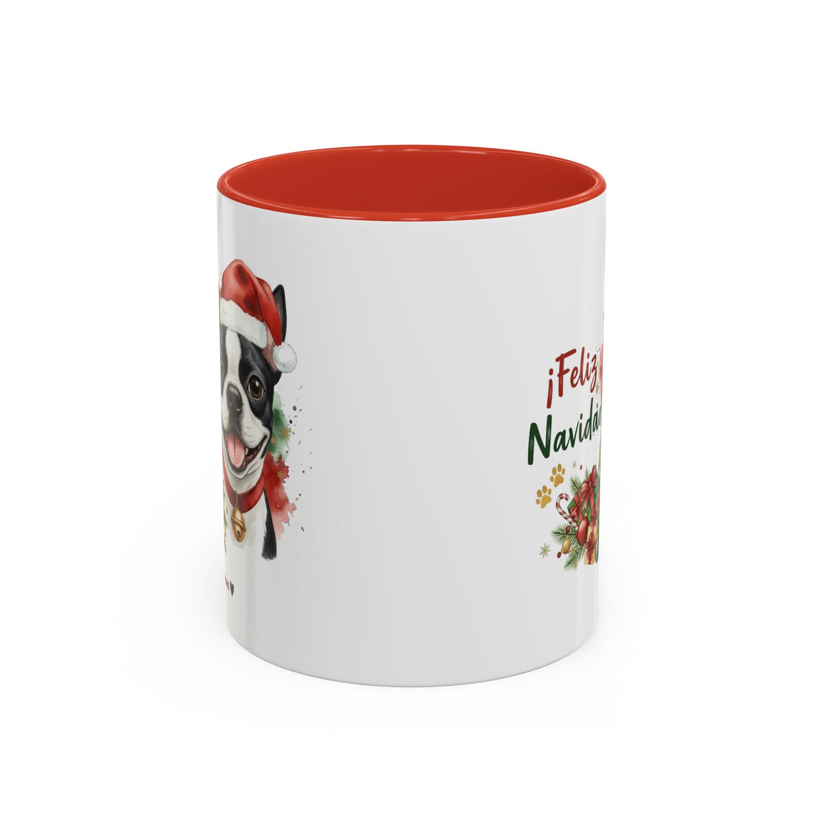 Taza Navideña Boston Terrier con diseño navideño impreso vista lateral Kiranoa