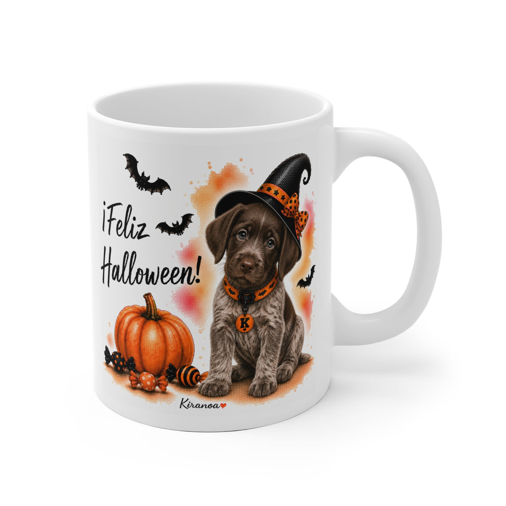 Taza cerámica Braco Alemán Halloween con ilustración terrorífica vista frontal Kiranoa