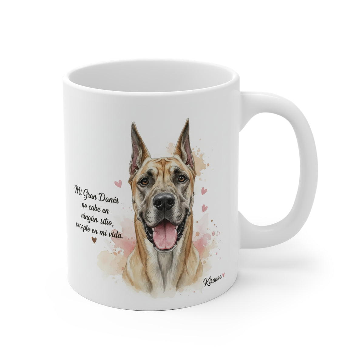 Taza cerámica Gran Danés con frase Mi Gran Danés no cabe en ningún sitio, excepto en mi vida. – vista frontal