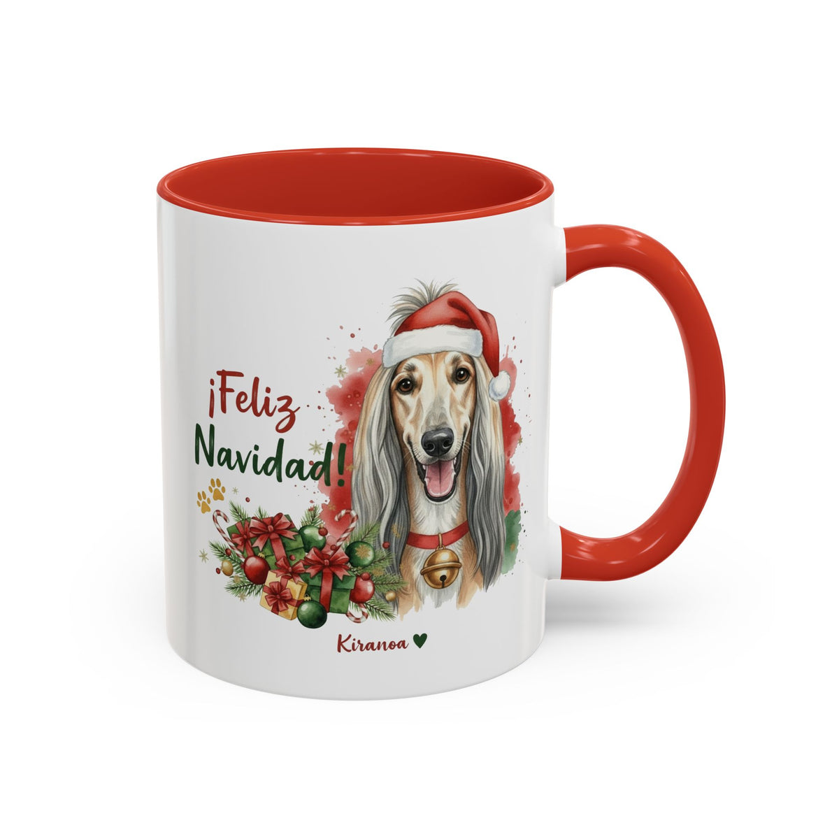 Taza Navideña Galgo Afgano con frase ¡Feliz Navidad! vista frontal Kiranoa