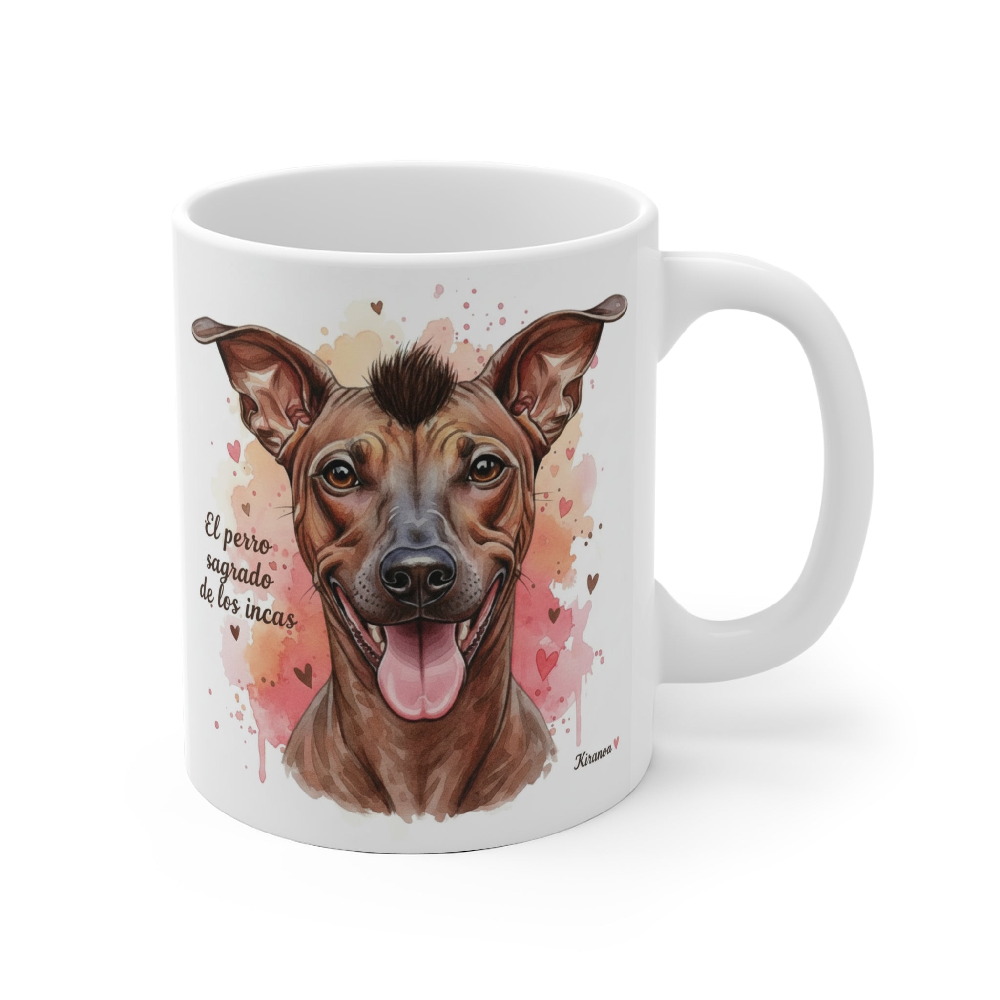 Taza cerámica Perro Sin Pelo del Perú con frase El perro sagrado de los incas – vista frontal