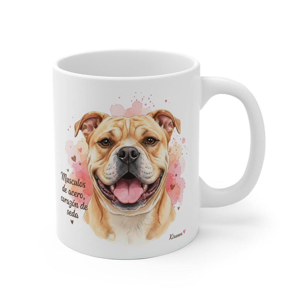 Taza cerámica Bulldog Americano con frase Músculos de acero corazón de seda – vista frontal