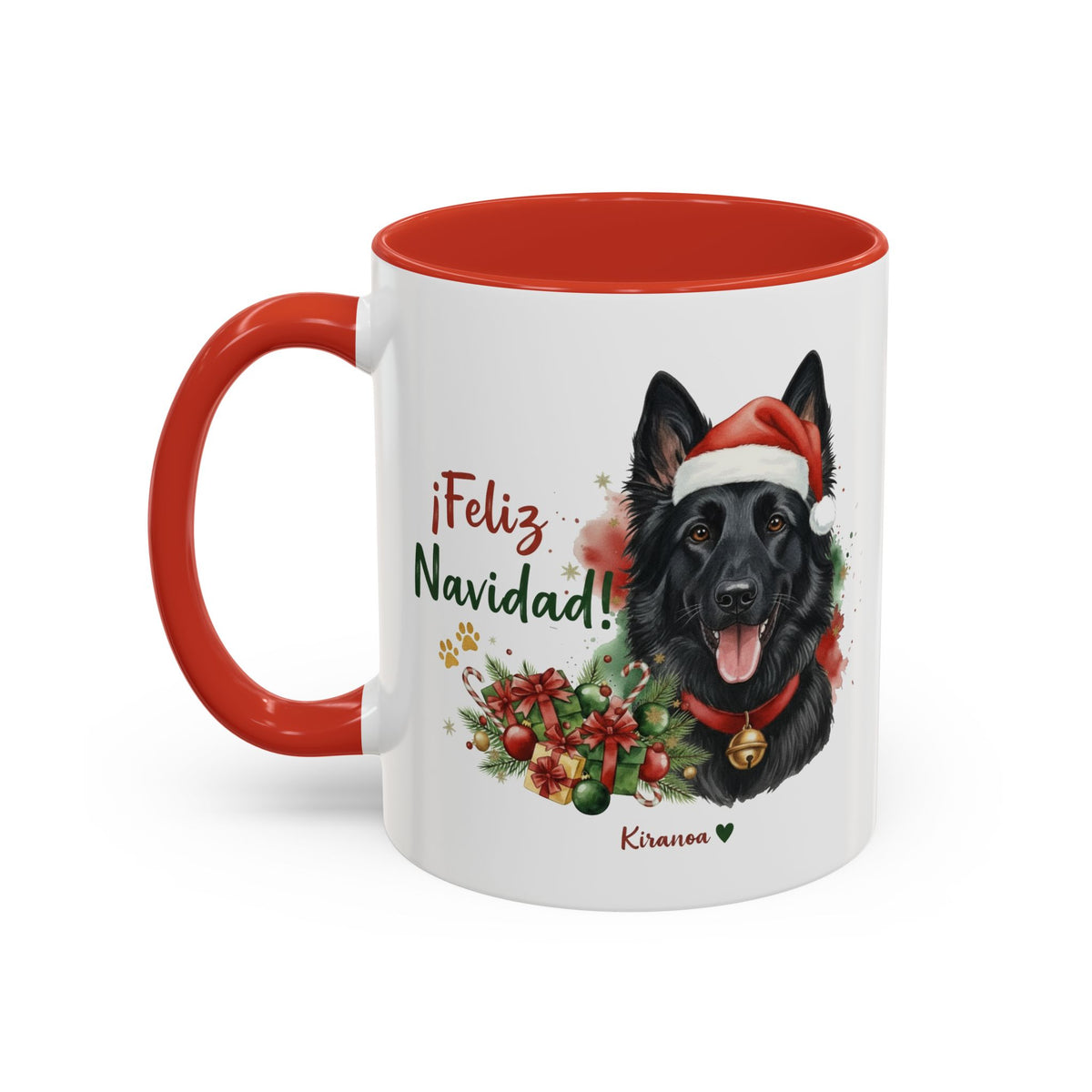 Taza Navideña Pastor Belga Groenendael con interior y asa roja vista trasera Kiranoa