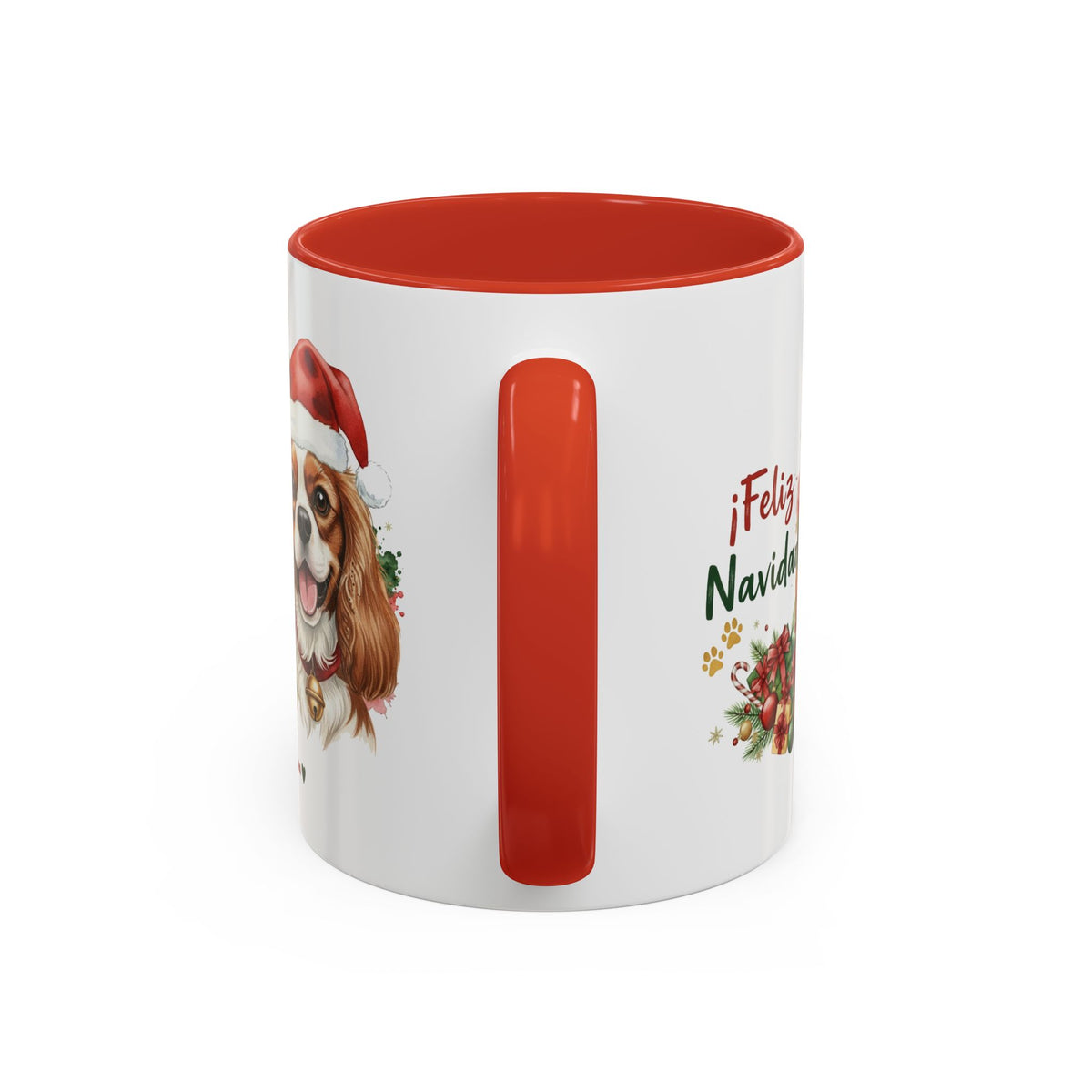 Taza Navideña Cavalier King Charles de 325 ml con interior y asa en rojo navideño vista lateral Kiranoa