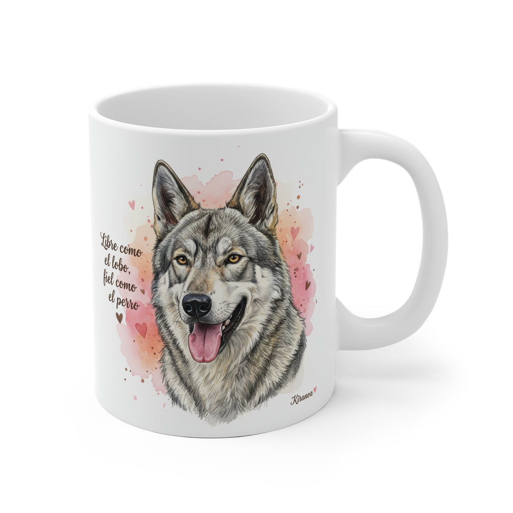 Taza cerámica Perro Lobo Checoslovaco con frase Libre como el lobo fiel como el perro – vista frontal