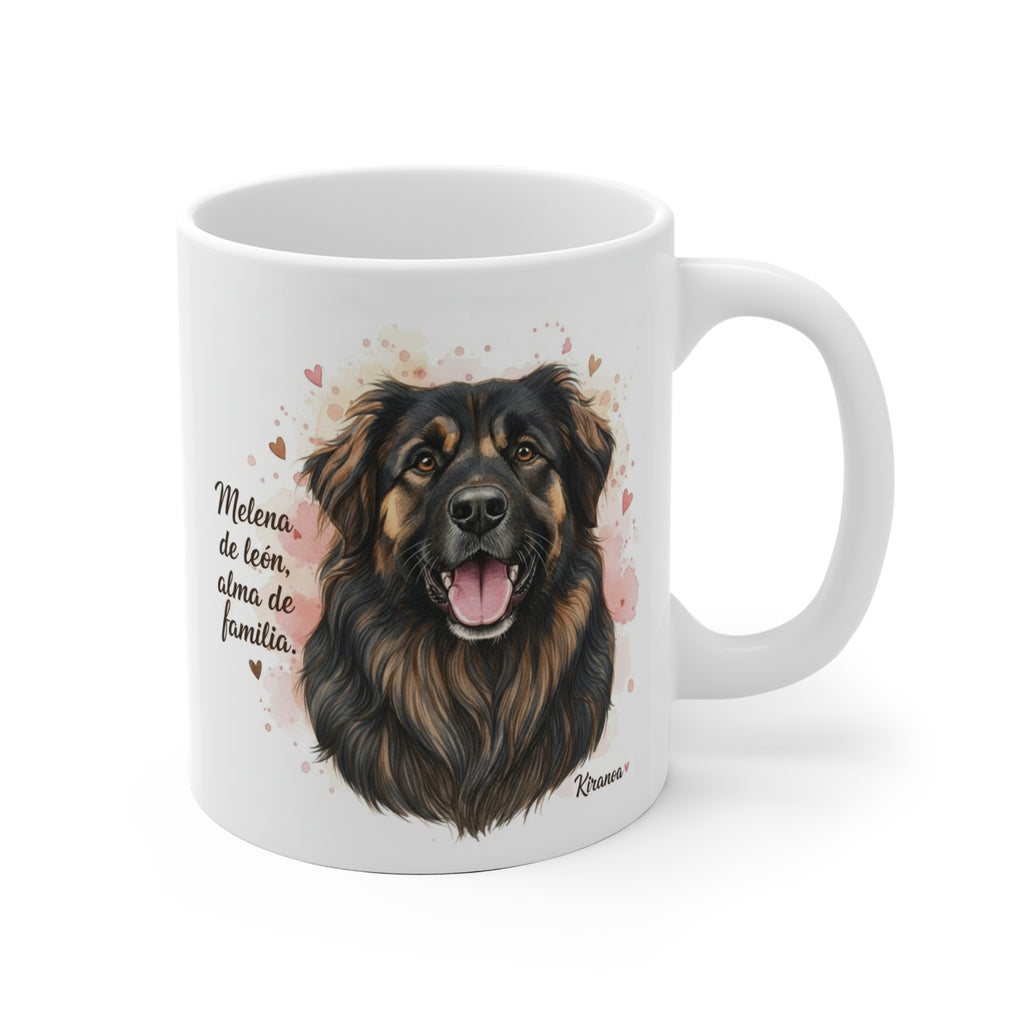 Taza cerámica Leonberger con frase Melena de león alma de familia – vista frontal