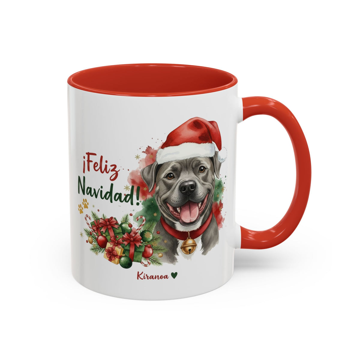 Taza Navideña American Pit Bull Terrier Blue con frase ¡Feliz Navidad! vista frontal Kiranoa
