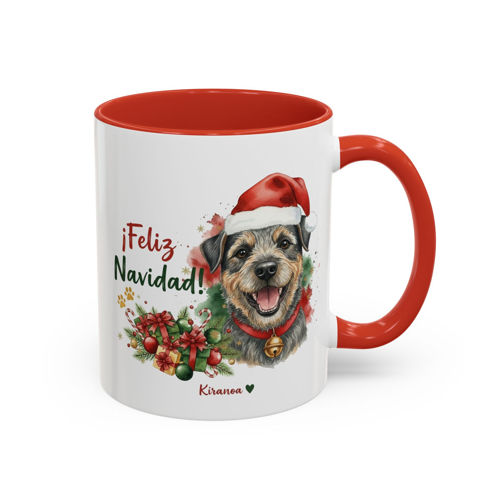 Taza Navideña Border Terrier con frase ¡Feliz Navidad! vista frontal Kiranoa