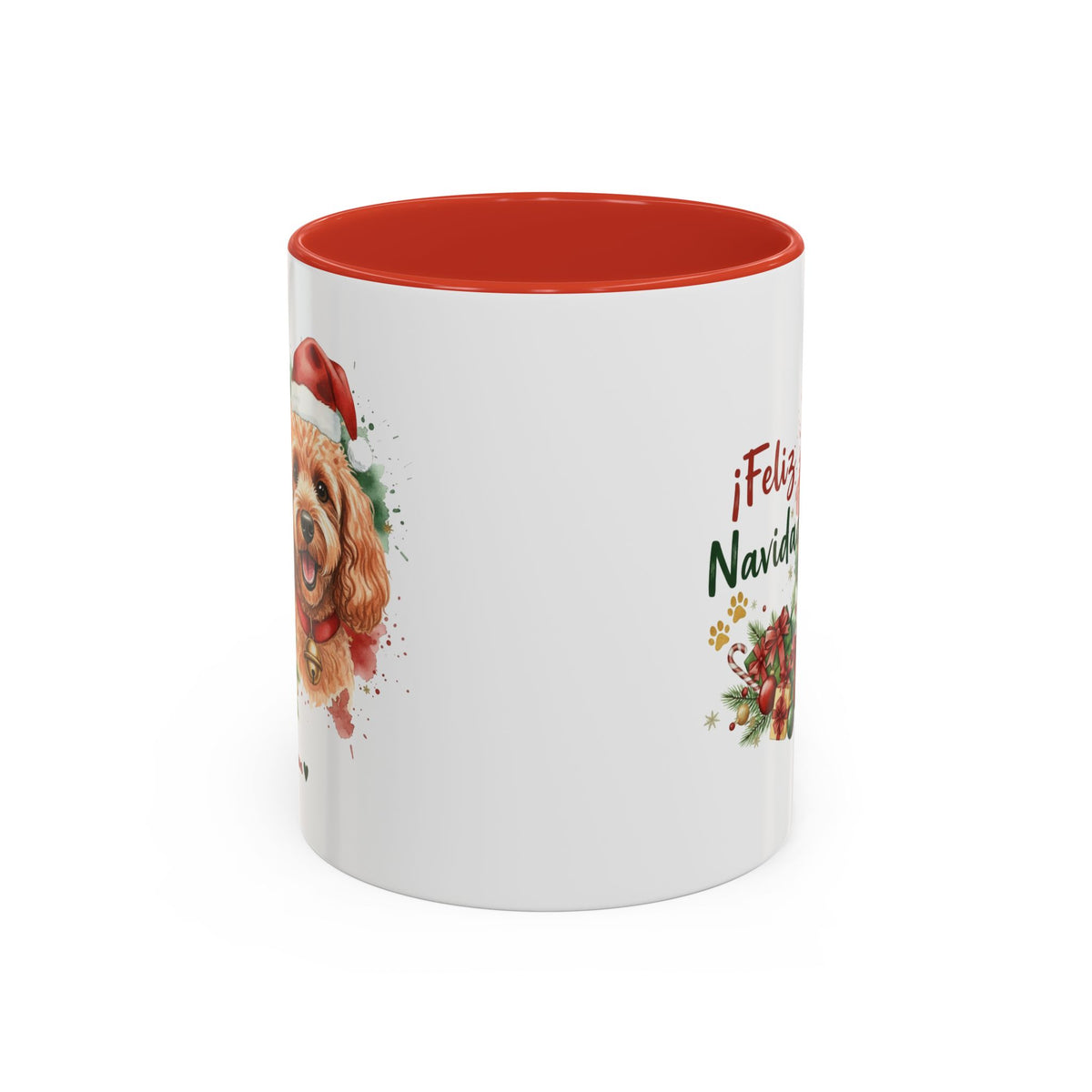 Taza Navideña Caniche Albaricoque con diseño navideño impreso vista lateral Kiranoa