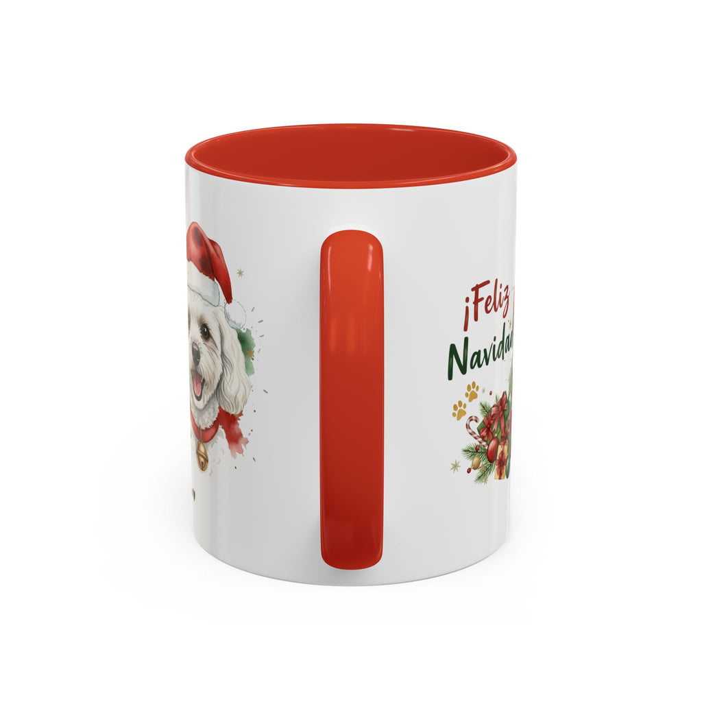 Taza Navideña Caniche Toy de 325 ml con interior y asa en rojo navideño vista lateral Kiranoa