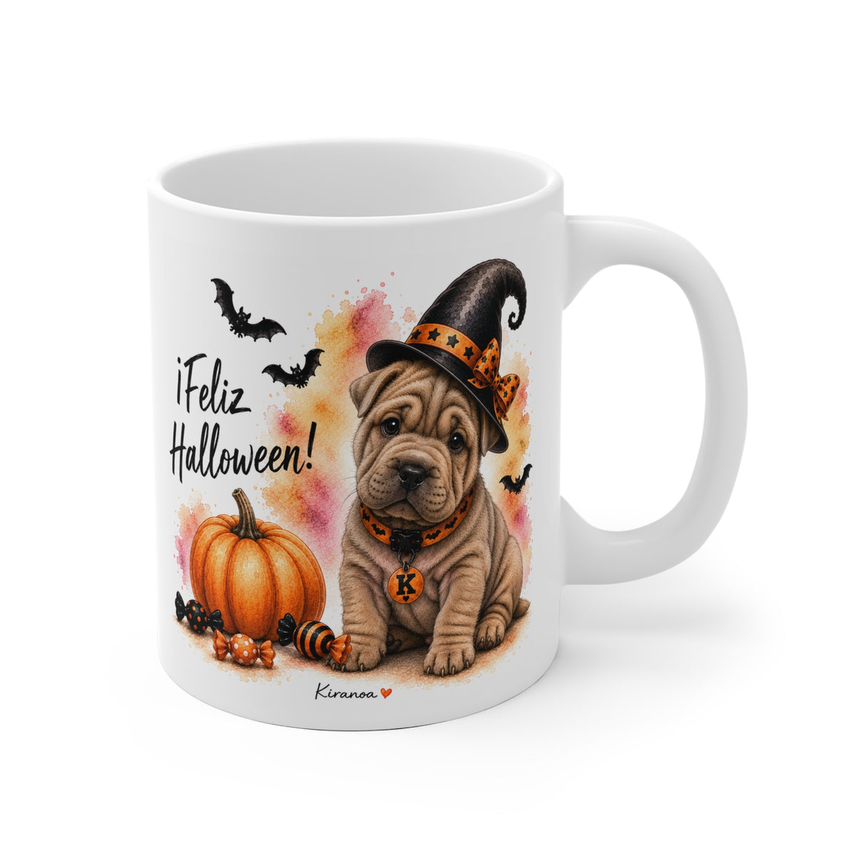 Taza cerámica Shar Pei Halloween con ilustración terrorífica vista frontal Kiranoa